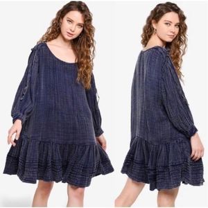 NWT Free People Smock Dress Washed Ashore Indigo Blue Long Sleeve Loose Boho S